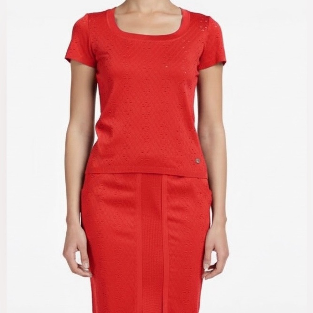 CHANEL 2014 Spring Red Textured Knit 2-Piece Skirt Suit Set